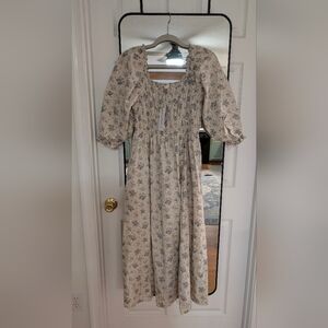 Floral Midi Dress in Cream and Blue